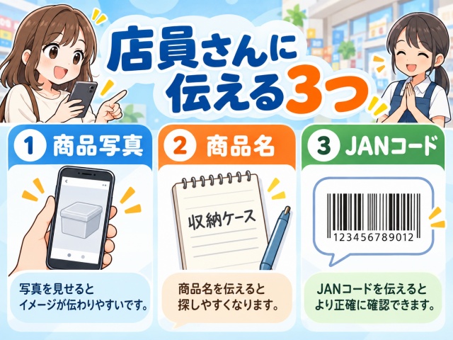 店員さんに商品を確認するときに見せる商品写真・商品名・JANコード