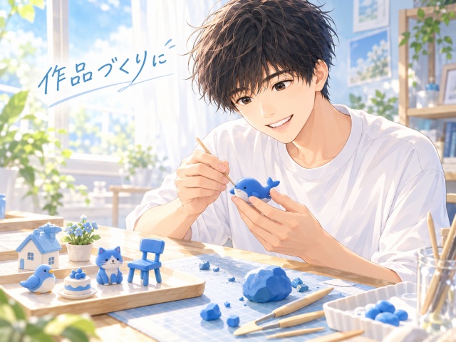 青い軽量樹脂ねんどでミニチュアやフィギュアを作るイメージ