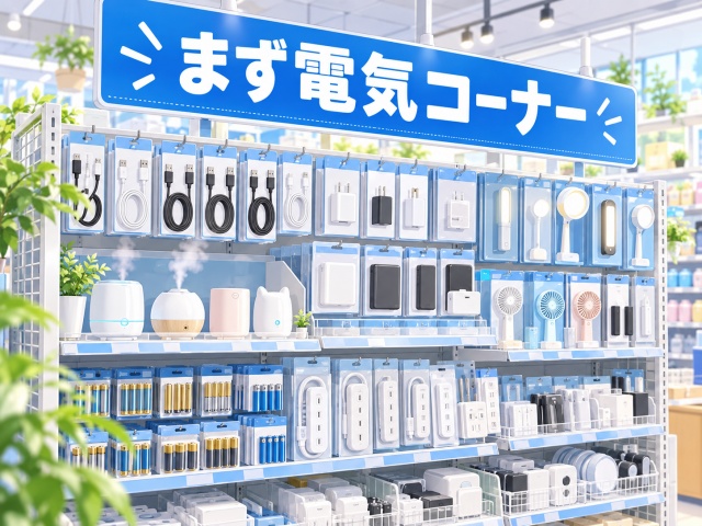 ダイソーで加湿器を探す際に最初に確認したい電気コーナーのイメージ