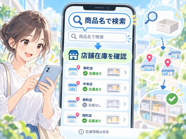 スマートフォンのアプリでダイソー店舗の在庫を確認するイメージ