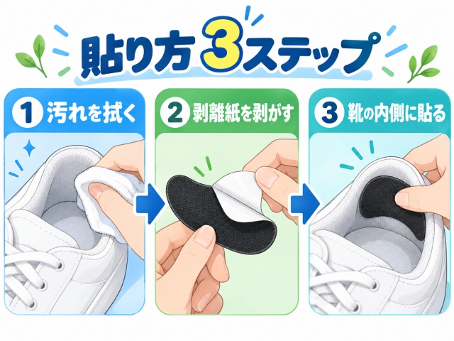 靴の補修用パッチを貼る前に汚れを拭き、剥離紙を剥がして内側に貼る3ステップ