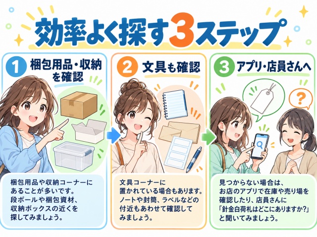 針金白荷札を探す順番は梱包用品・収納、文具、アプリ・店員さん