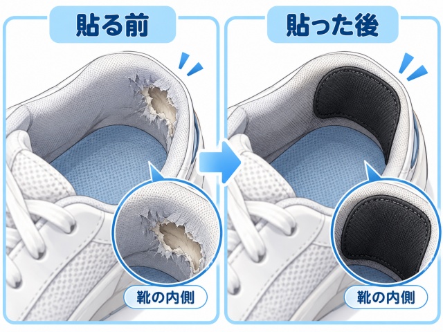 スニーカーの内側の破れに靴の補修用パッチを貼るイメージ