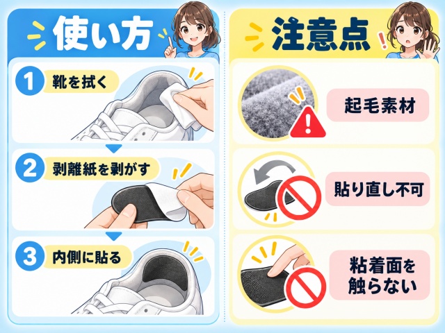 靴の補修用パッチの使い方と使用時の注意点をまとめた図